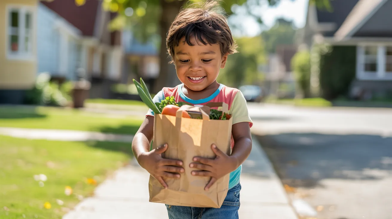 Child carrying light items as life skills activity for kids.
