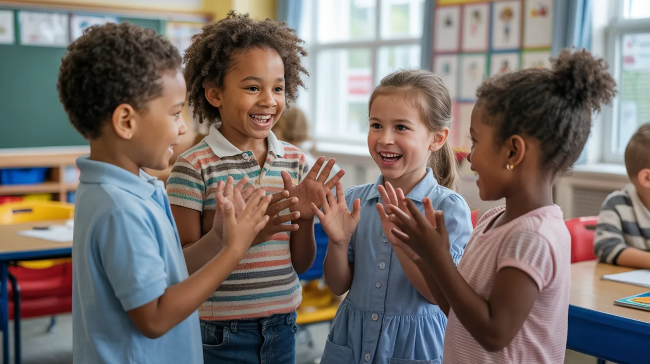 Children practicing greetings in different languages during cultural activities for kids.