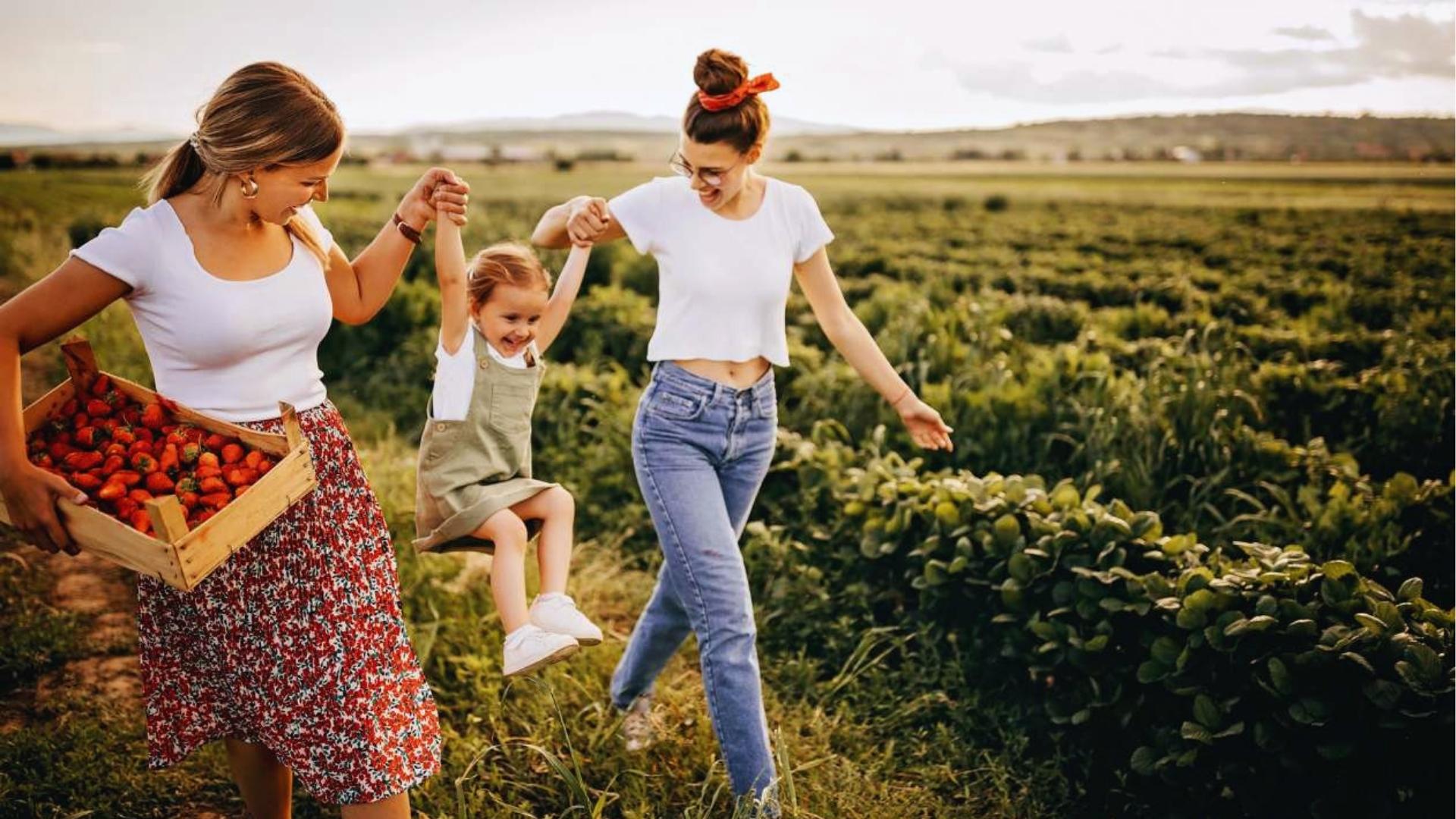 Two women swing laughing child through strawberry field at sunset, wooden crate filled, Summer Activities for Kids.