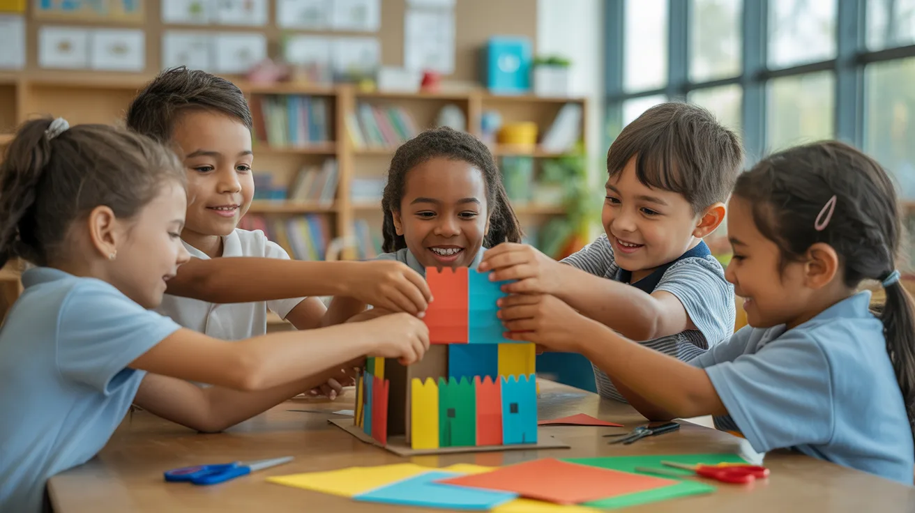Group of kids working together on a school project, building a model with paper and glue, cooperative teamwork, classroom.