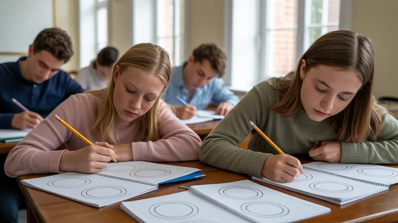 Students writing in notebooks with circle diagrams at their desks during a quiet classroom reflection activity