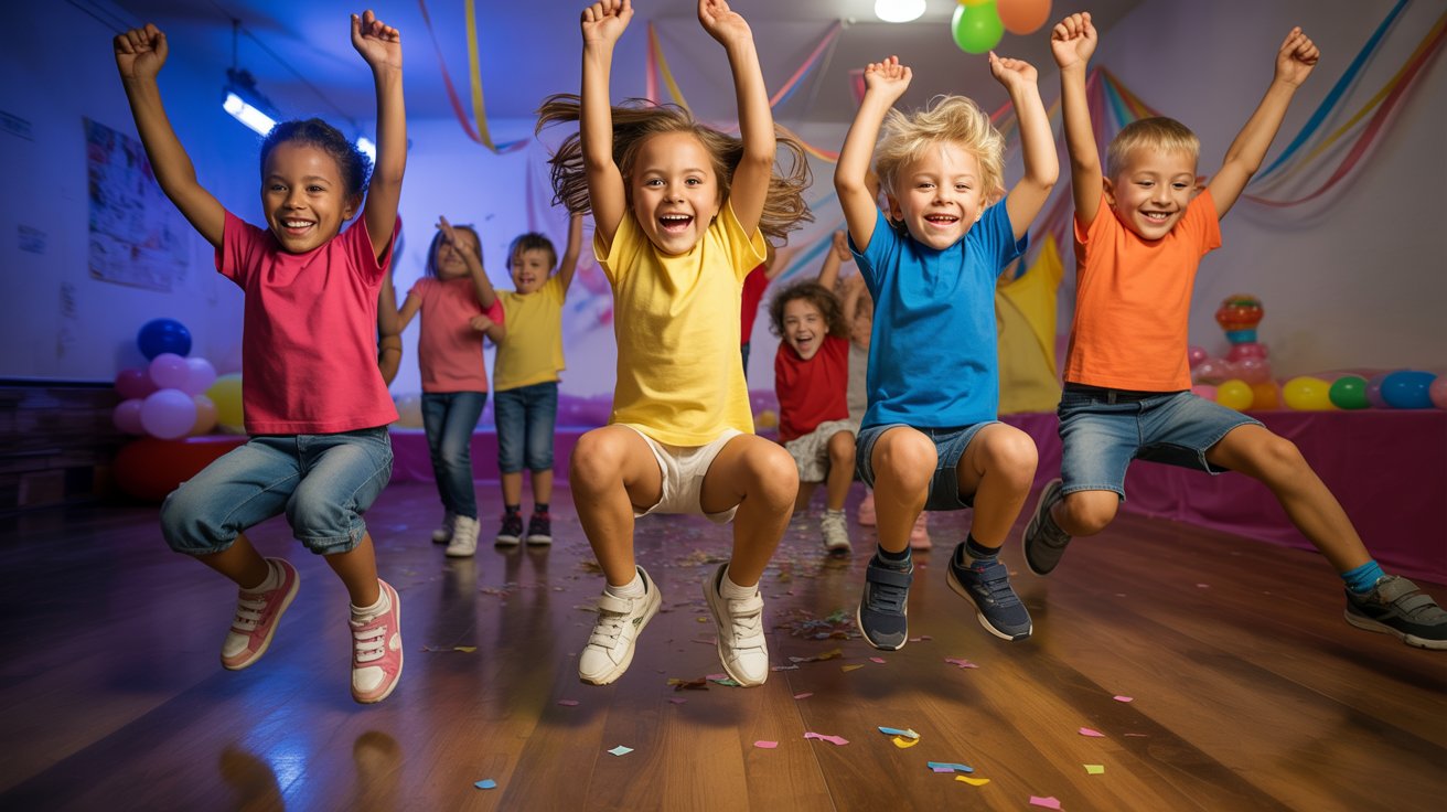Children joyfully jumping in the air inside a colorful party room filled with decorations and balloons.