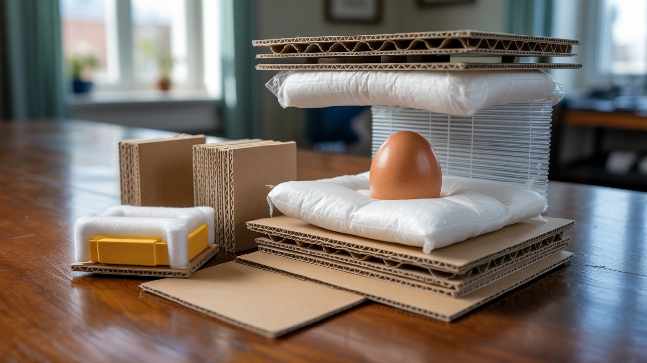 An egg placed atop a stack of cardboard boxes, showcasing a creative arrangement of materials.