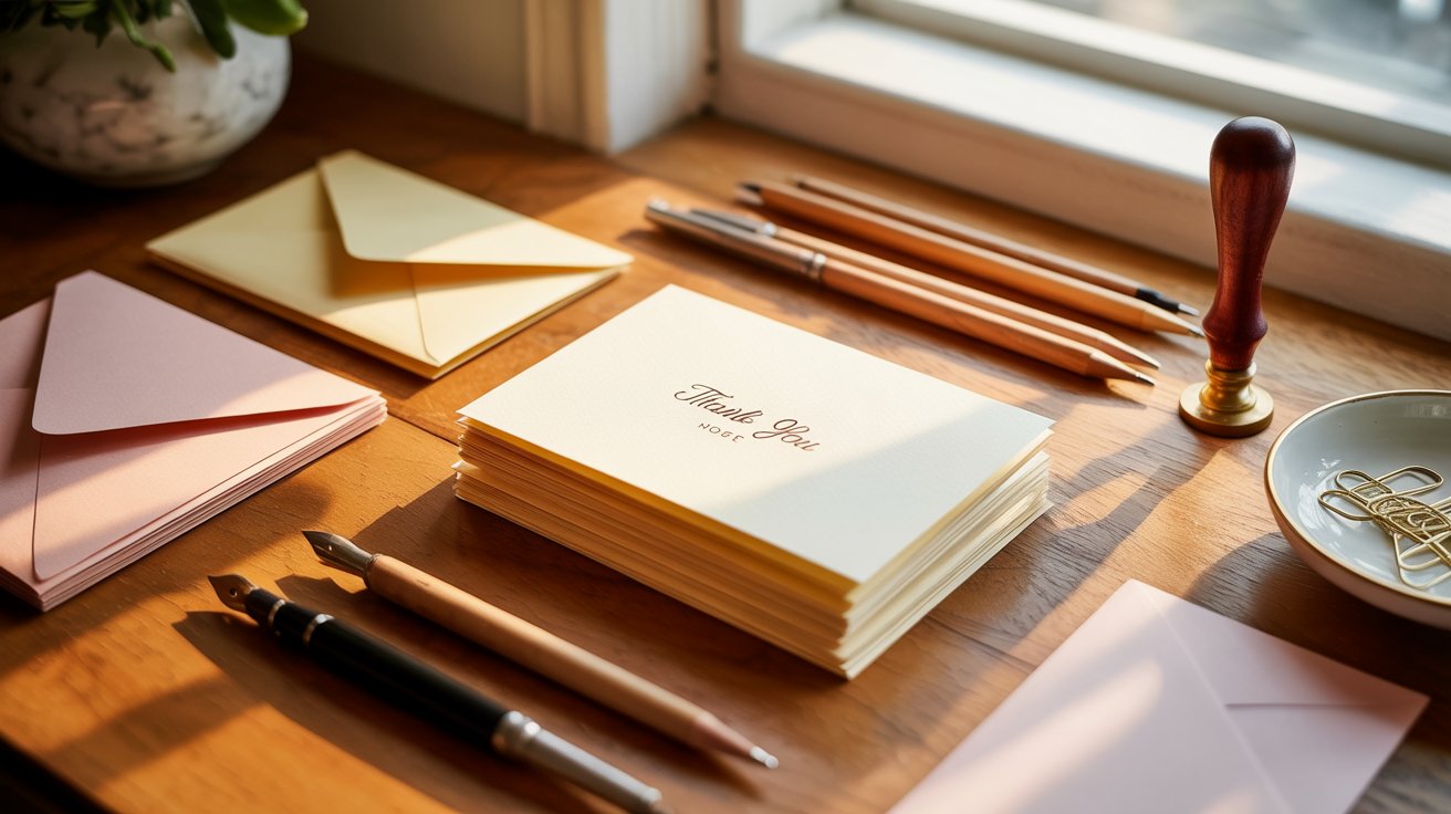 A desk featuring a pen, a notepad and thanksgiving notes.