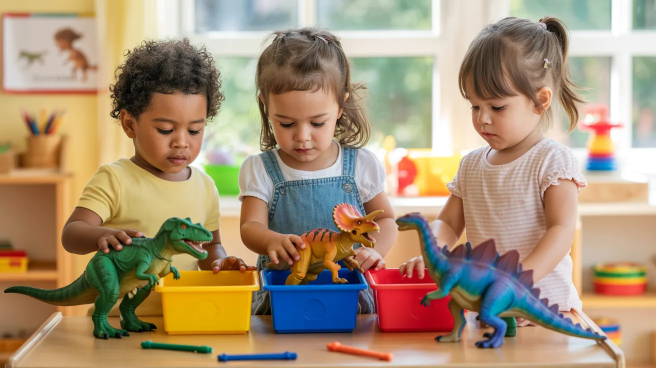 Preschool children sorting colorful toy dinosaurs into bins during a dinosaur themed activity.