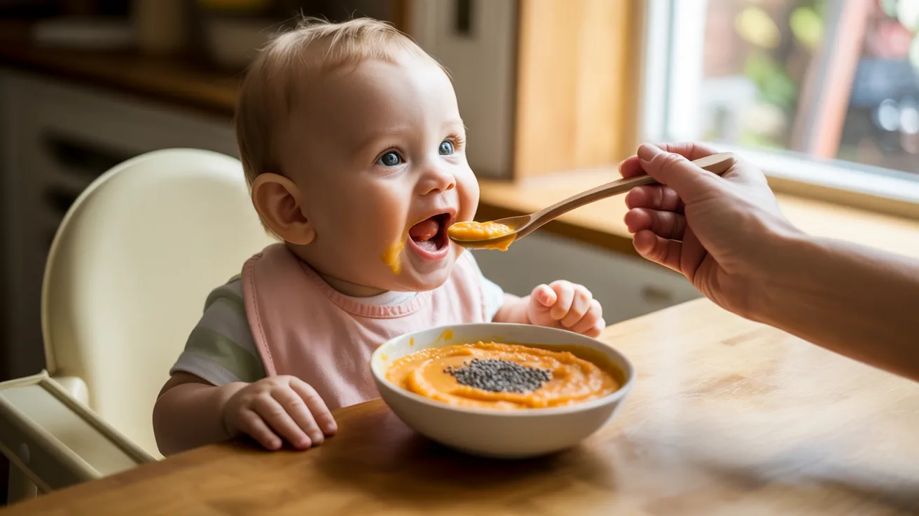 Baby eating puree with soaked chia seeds while parent feeds with a spoon