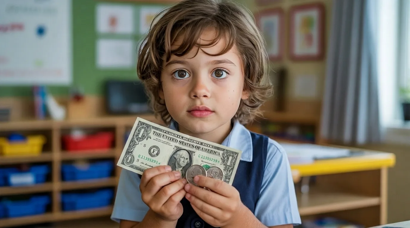 Child comparing a dollar bill and coins while learning about equal value and respect in a classroom setting