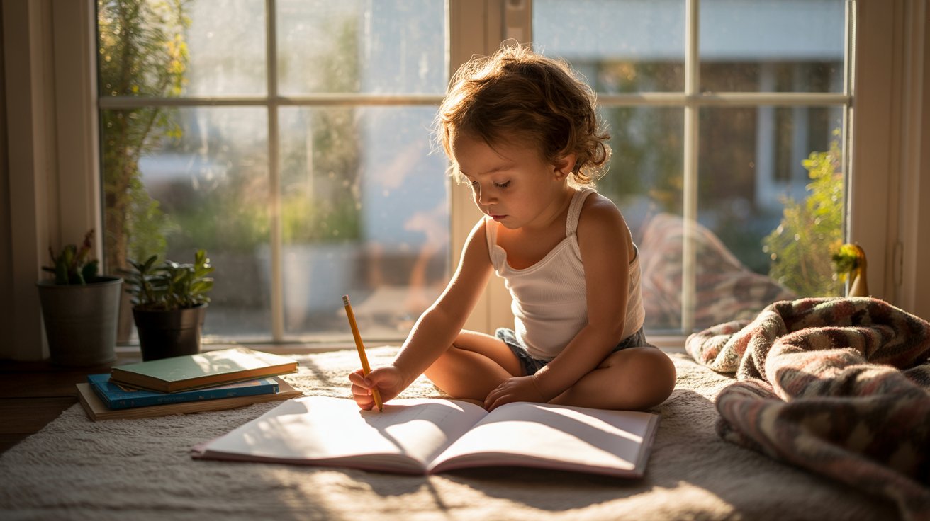 A little girl sitting on the floor, focused on a book while holding a pencil in her hand.