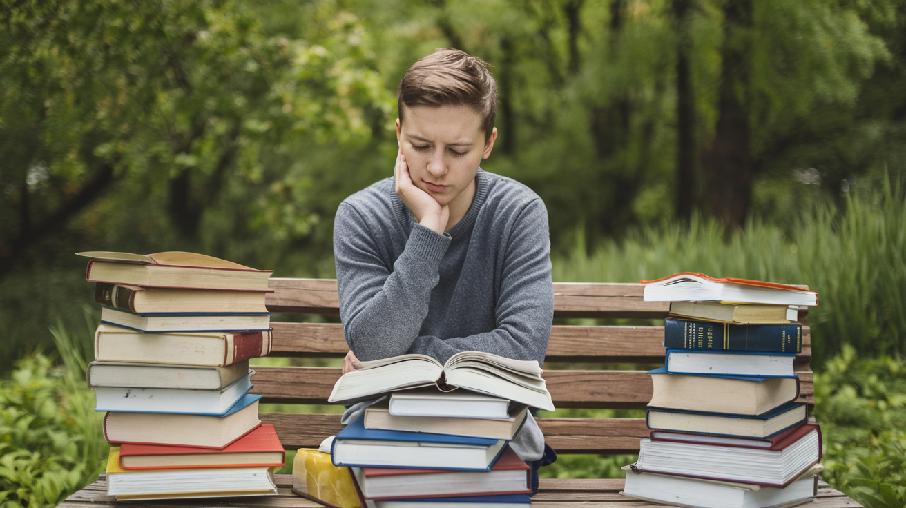 A young man sits on a bench, surrounded by a stack of books, appearing focused and engaged in reading.