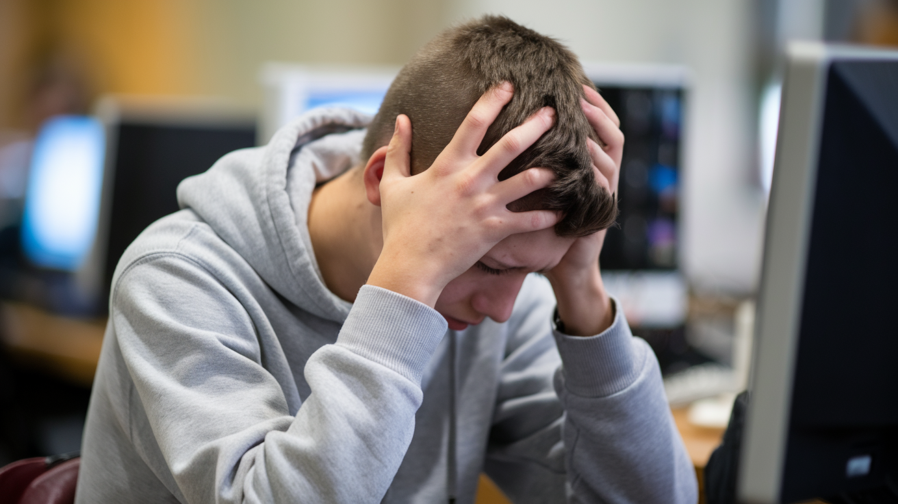 A young man sits at a desk, resting his head in his hands, appearing stressed or overwhelmed.