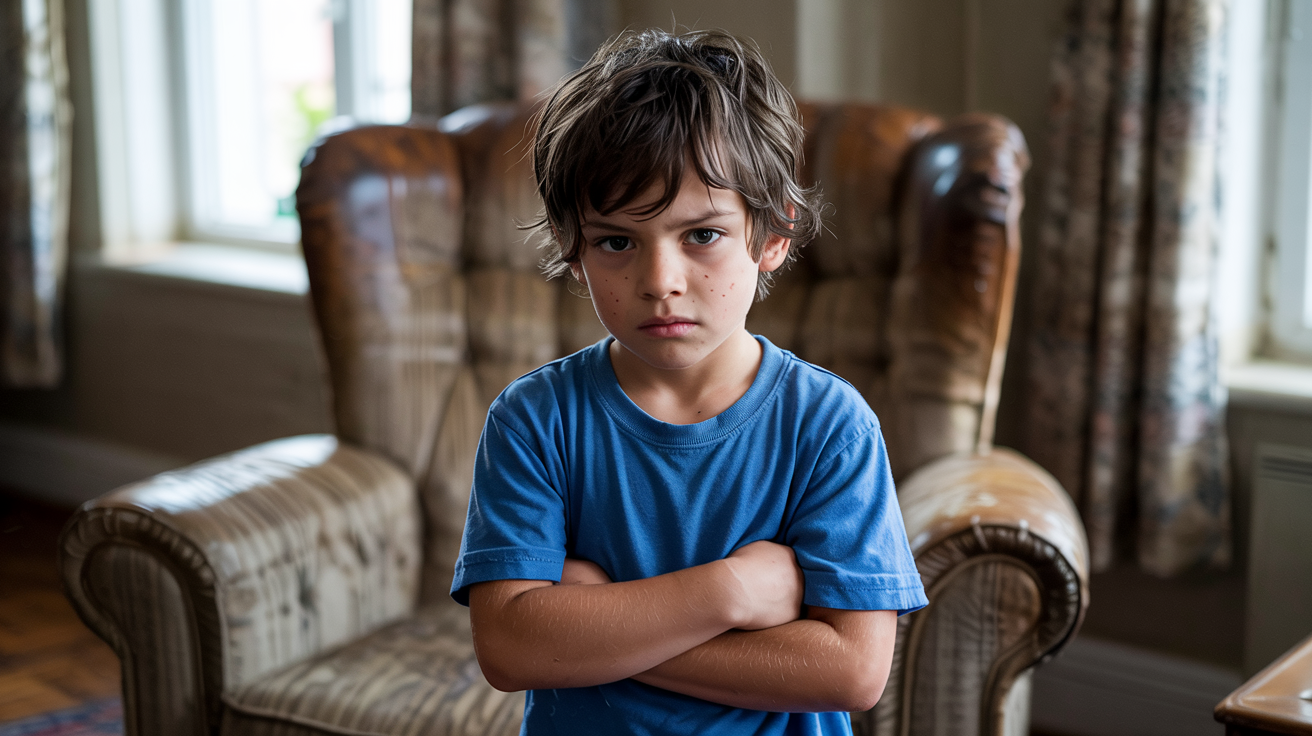 A young boy stands in front of a chair, looking directly at the camera with a neutral expression.