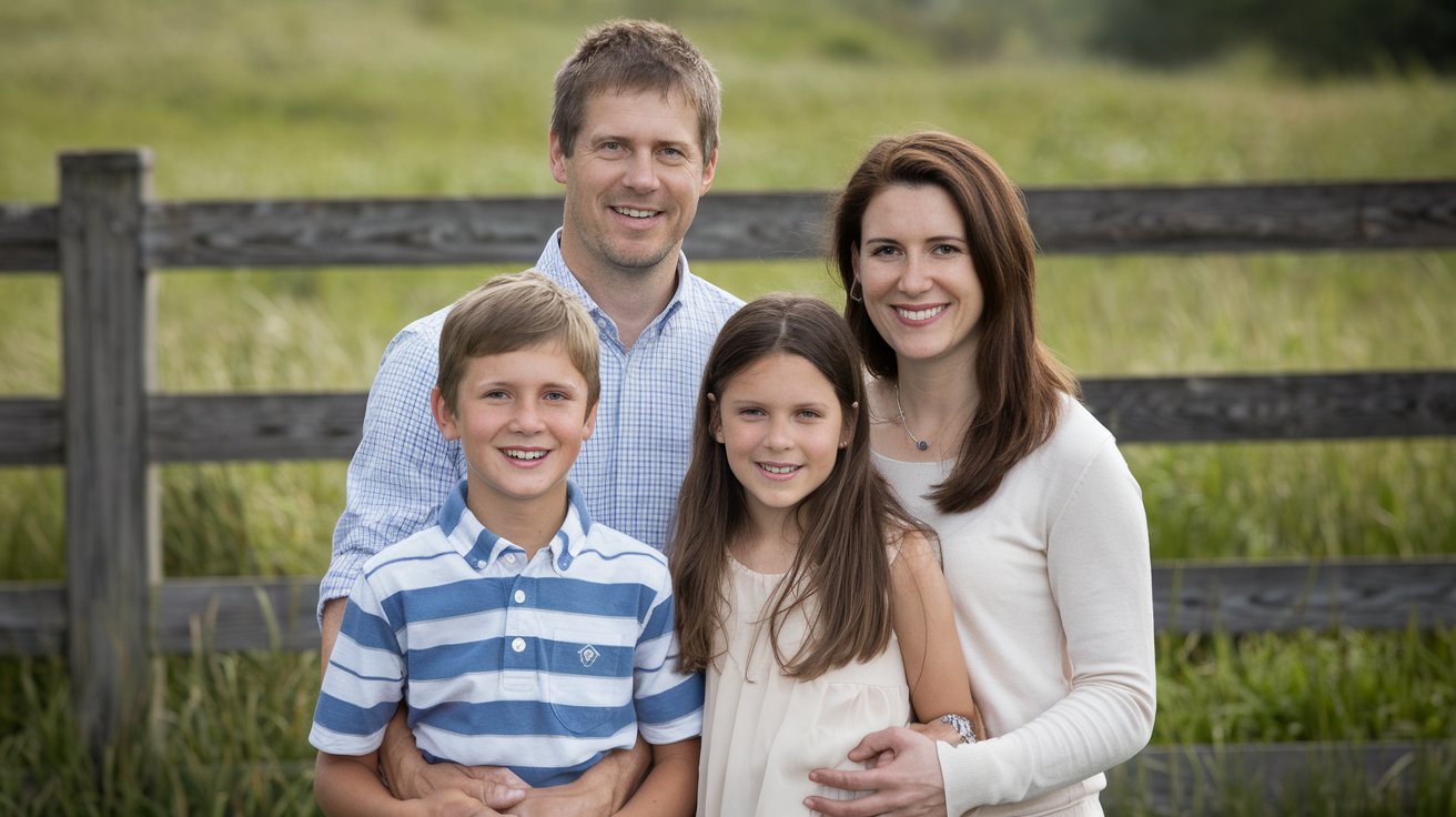 A family of four poses together for a portrait in a sunny field, smiling and standing close to each other.