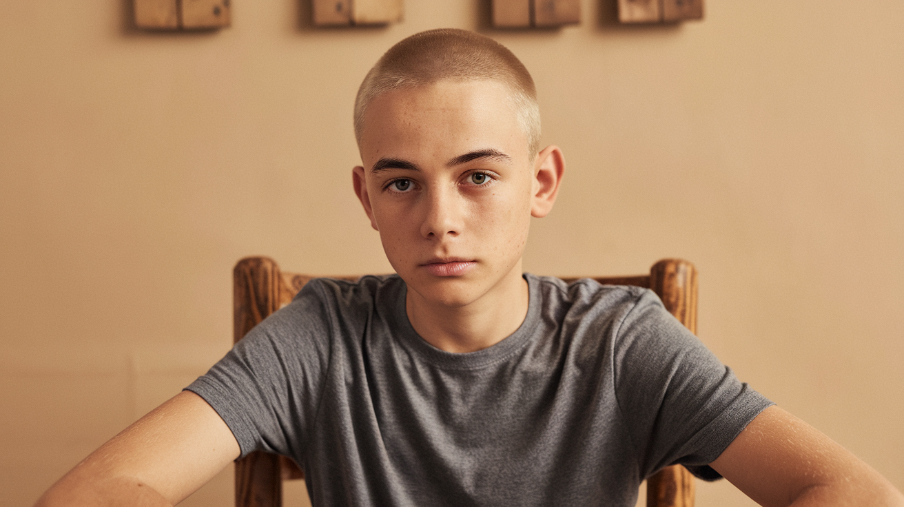 A boy with a shaved head sits at a table, focused on an activity in front of him.