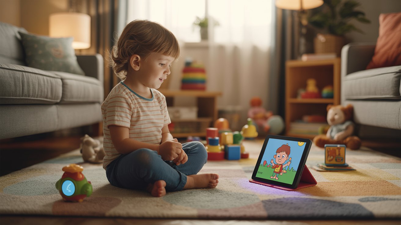 Preschool child watching limited educational TV in a balanced home environment.