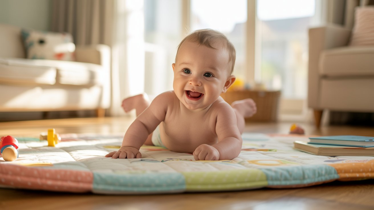 Baby rolling independently during developmental milestone practice.