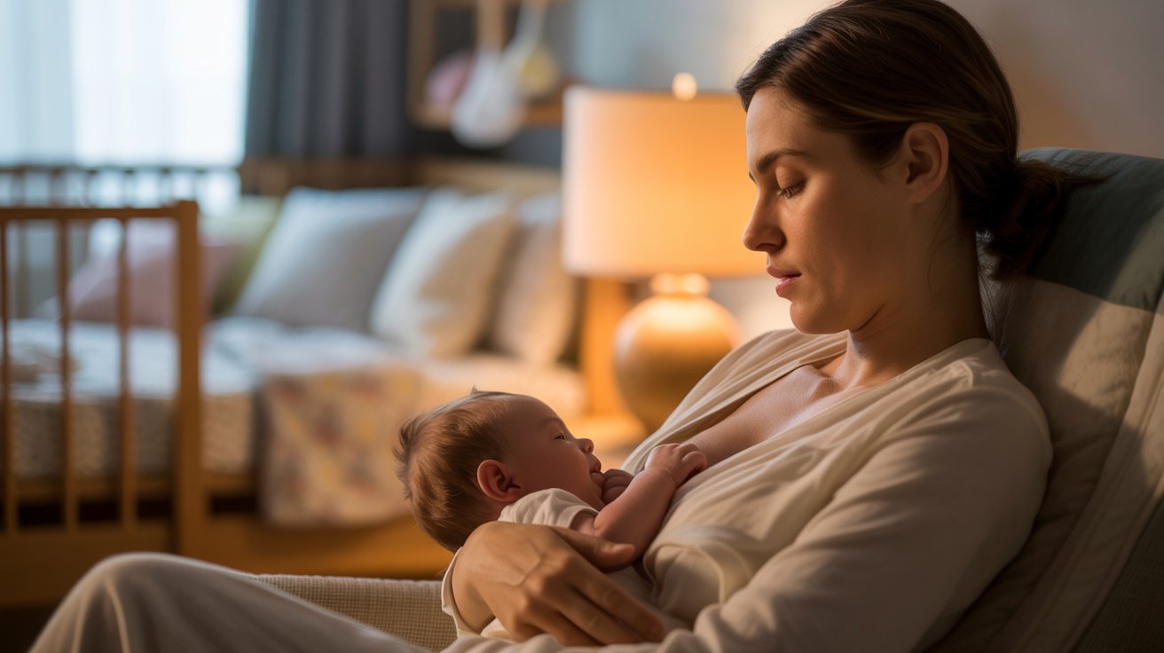 Mother breastfeeding newborn during nighttime cluster feeding in a cozy nursery.