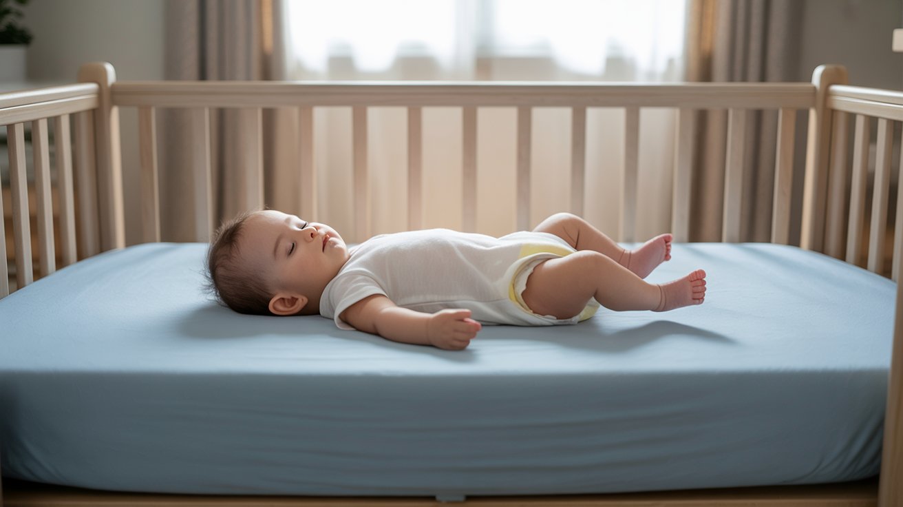 Infant sleeping in a clear crib with no blankets or stuffed toys.