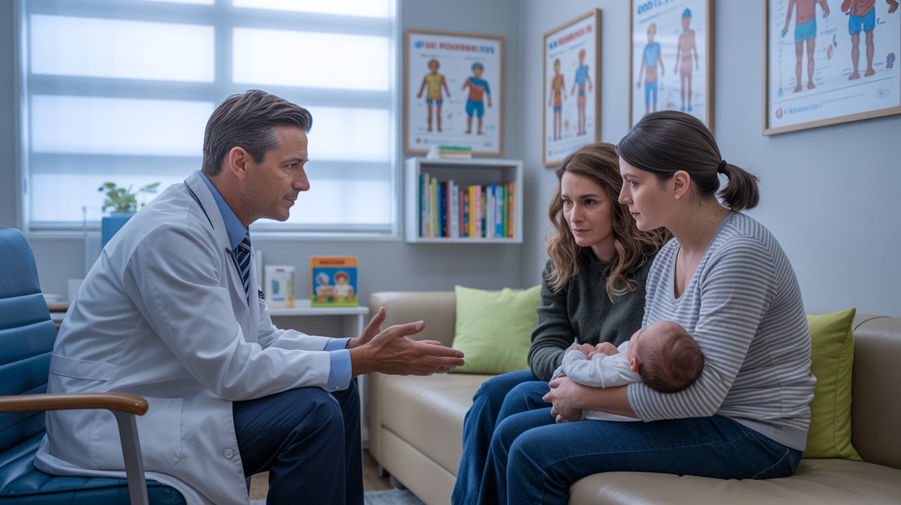 Pediatrician explaining screen time recommendations to parents with a baby.