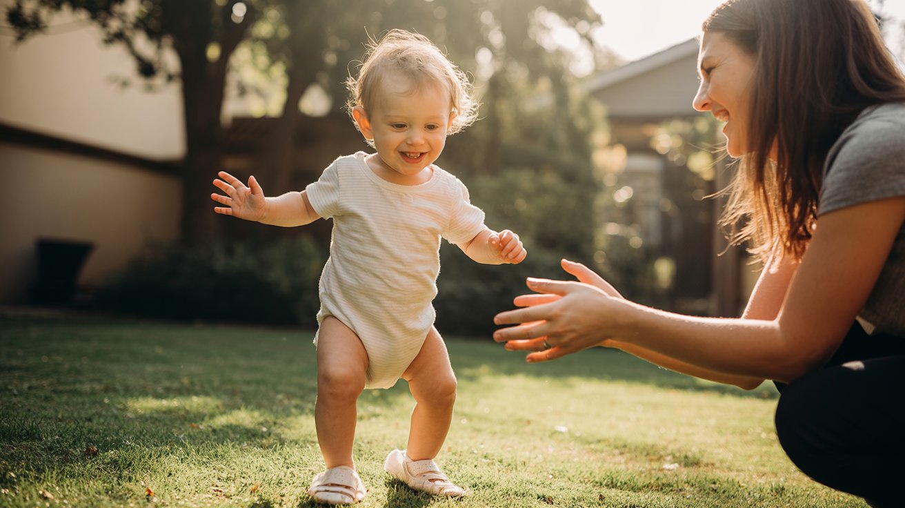 Baby taking first outdoor steps while wearing flexible first walking shoes with parent nearby.