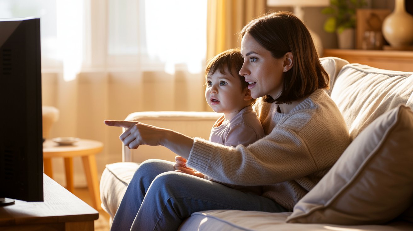 Parent watching educational TV together with a toddler and interacting during viewing.