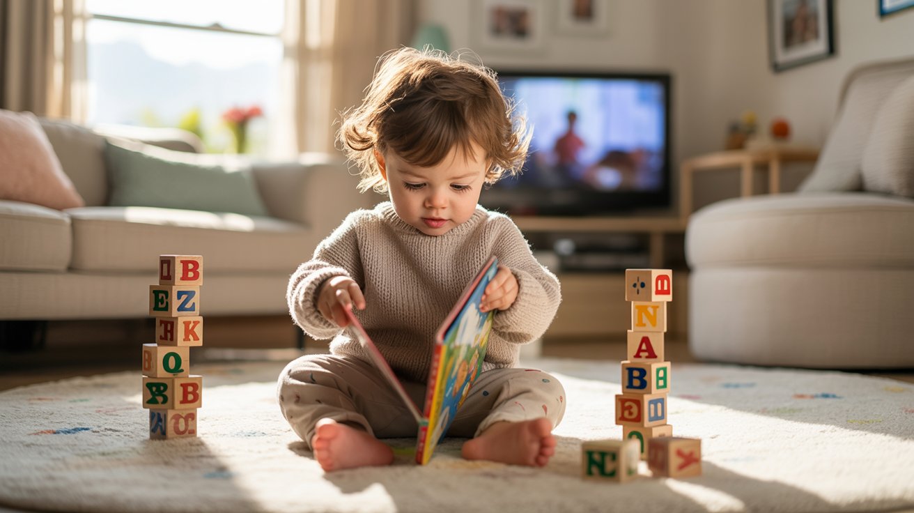 Young toddler playing with blocks and books instead of watching television.