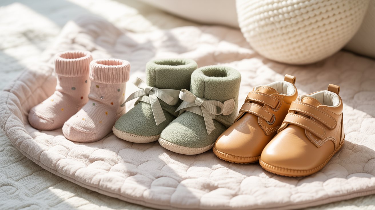 Comparison of baby socks, booties, and first walking shoes.