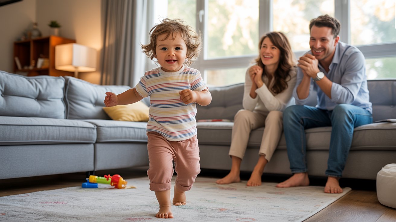 Toddler confidently walking independently and ready for first shoes.