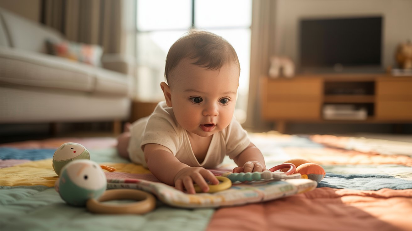 Infant playing with toys while the television remains turned off nearby.