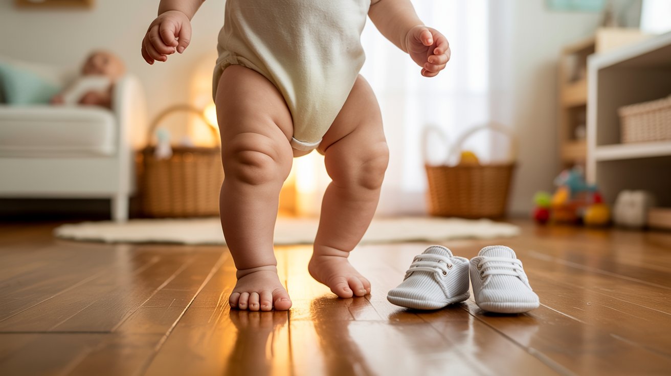 Baby standing barefoot indoors next to their first pair of shoes.