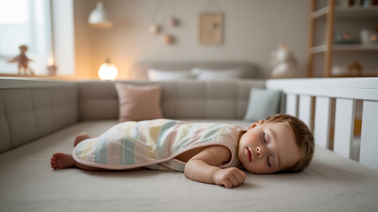 Baby sleeping safely in a crib without blankets while wearing a sleep sack.