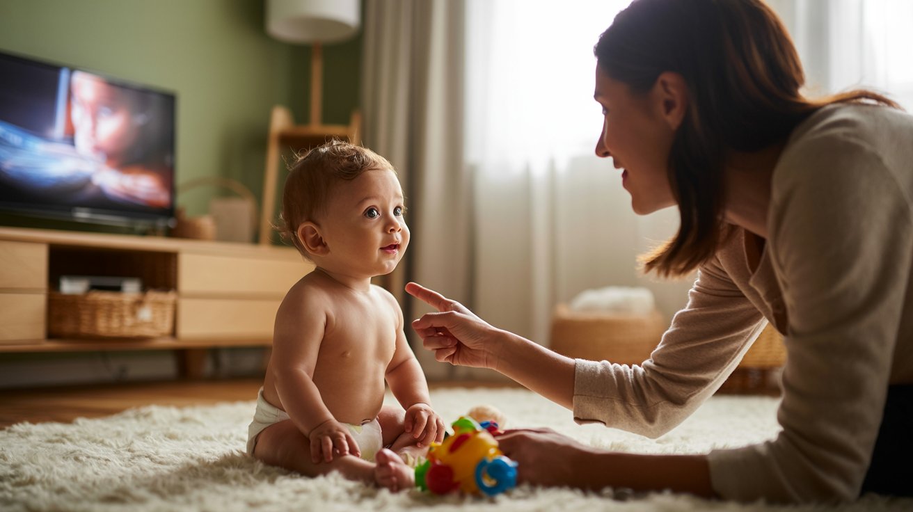 Parent sitting with baby in a cozy nursery while a television plays softly in the background.