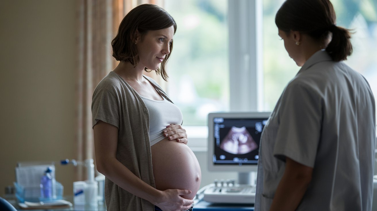 Pregnant woman in late pregnancy standing by window with soft daylight on her abdomen in calm maternity setting