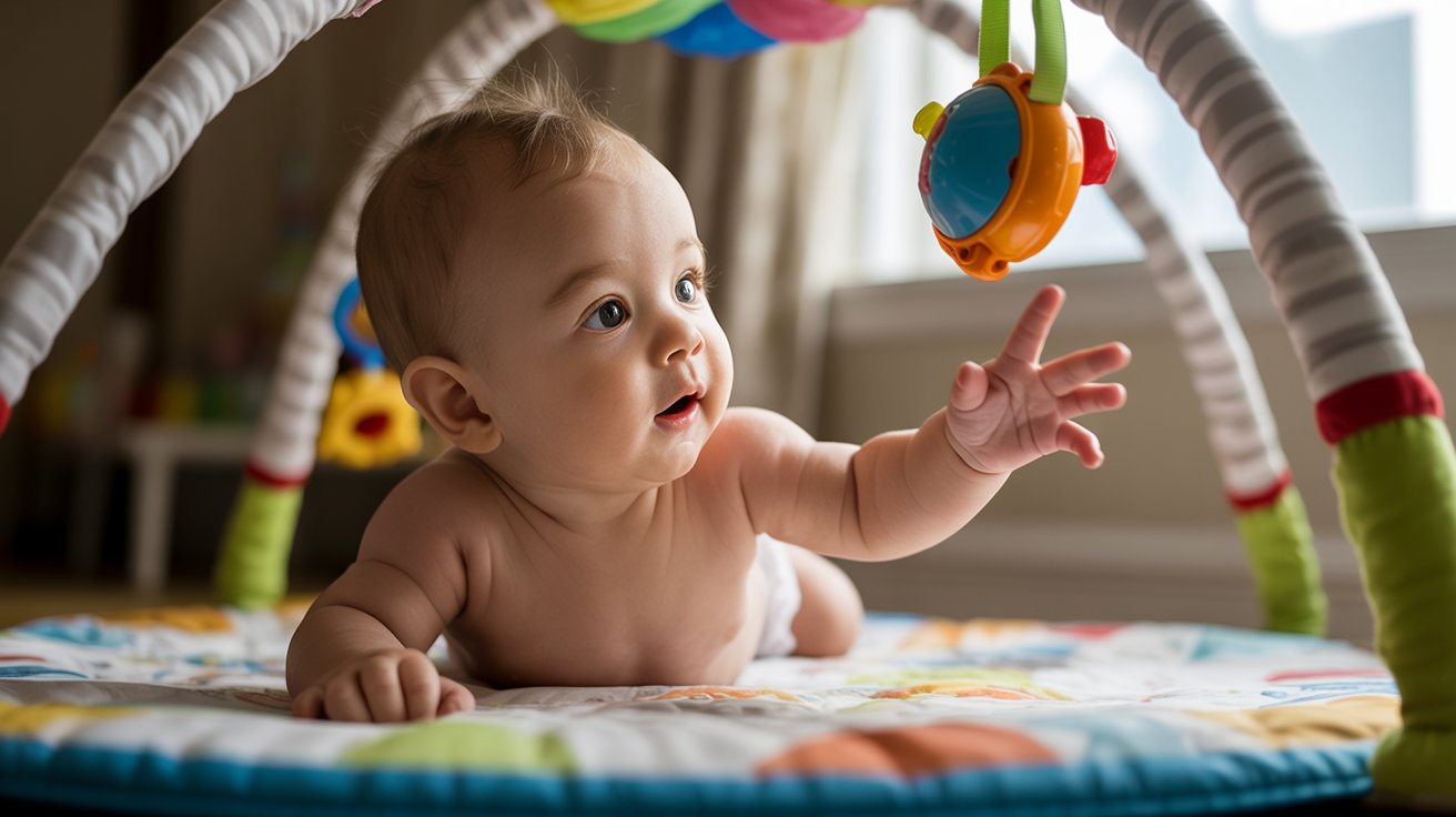 Baby making first reaching attempts toward a toy