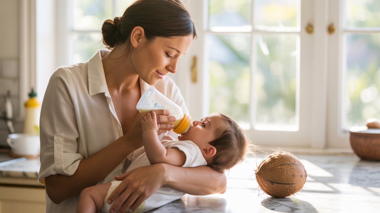 Mother feeding baby formula while coconut water is kept aside for later introduction.