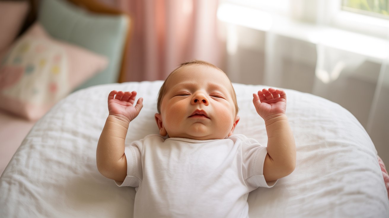 Baby sleeping on back with both arms raised beside the head.