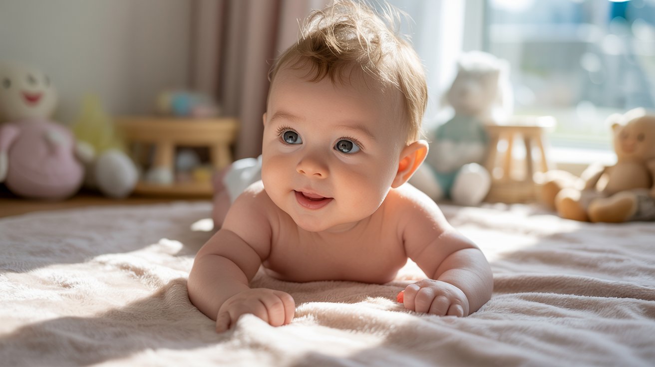 Smiling baby during tummy time showing healthy normal head shape in softly lit nursery setting