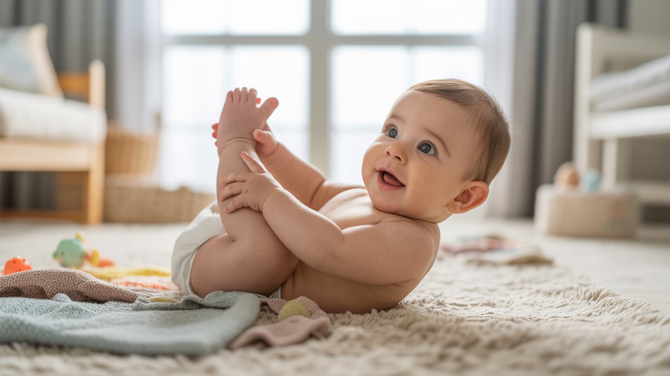 Infant reaching for feet on soft play mat inside bright cozy nursery during daytime indoors