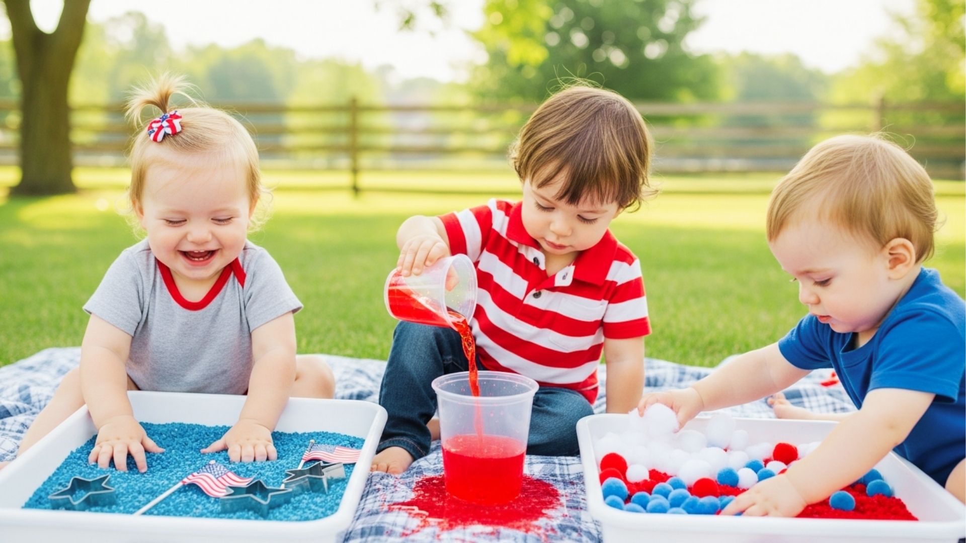 Three toddlers on a picnic blanket play with 4th of July sensory bins filled with blue rice, red water, and pom-poms.