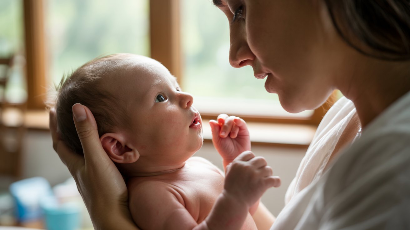 Newborn baby looking up at parent’s face during feeding in a close bonding moment with soft indoor lighting and blurred background