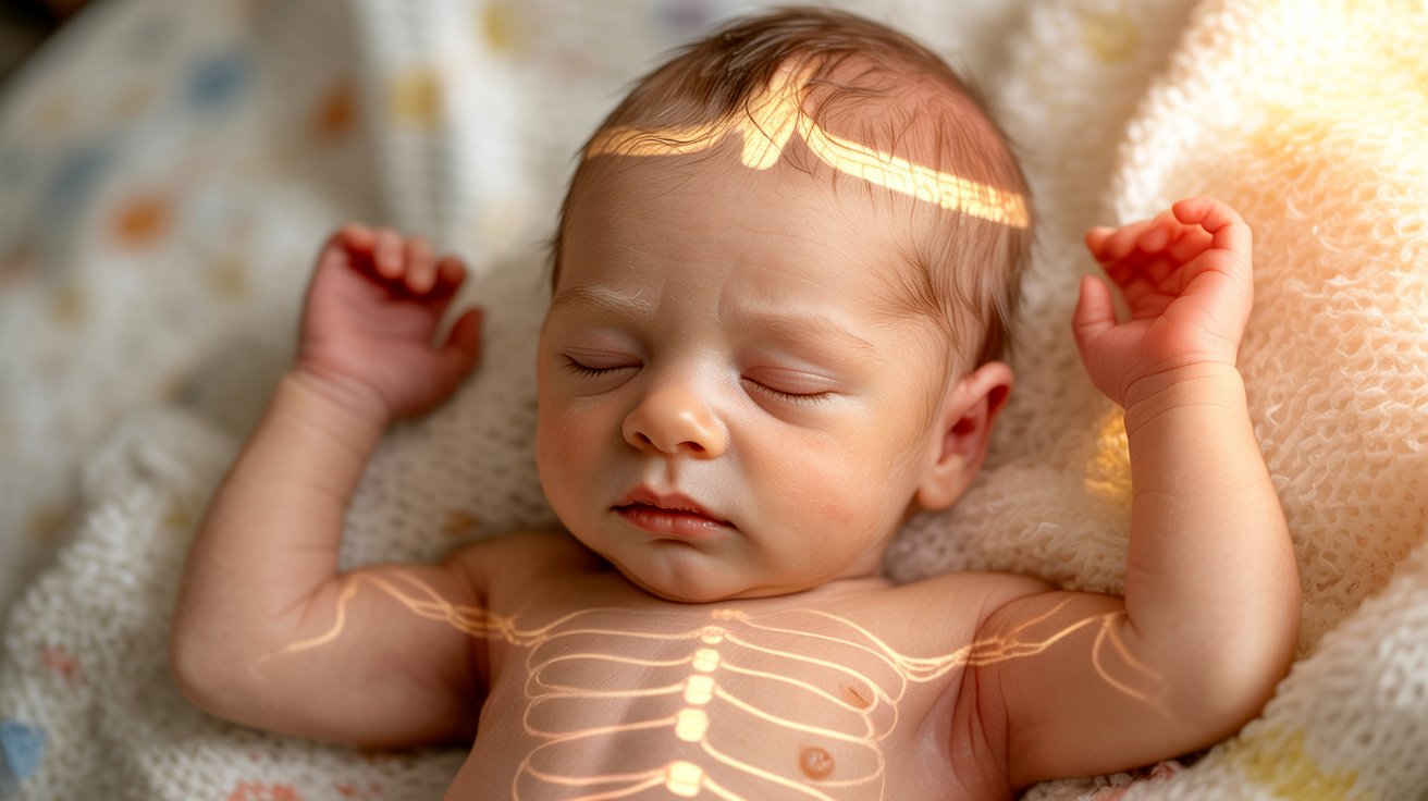Sleeping newborn representing early nervous system development.