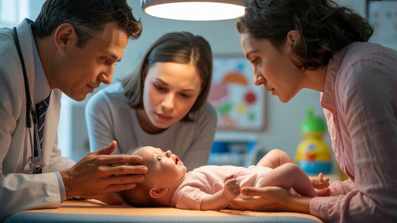 Pediatrician examining baby head while concerned parents observe in calm clinic setting with soft lighting