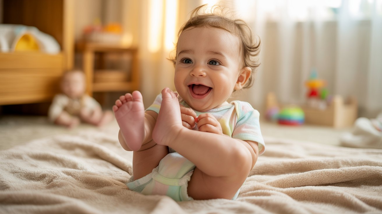 Smiling baby holding feet on soft blanket while exploring body and developing coordination in nursery