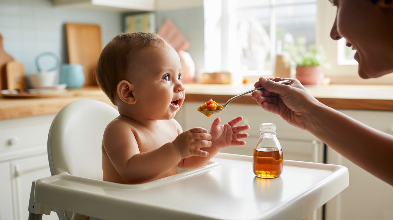 Baby eating healthy food while maple syrup bottle sits aside on kitchen table safely