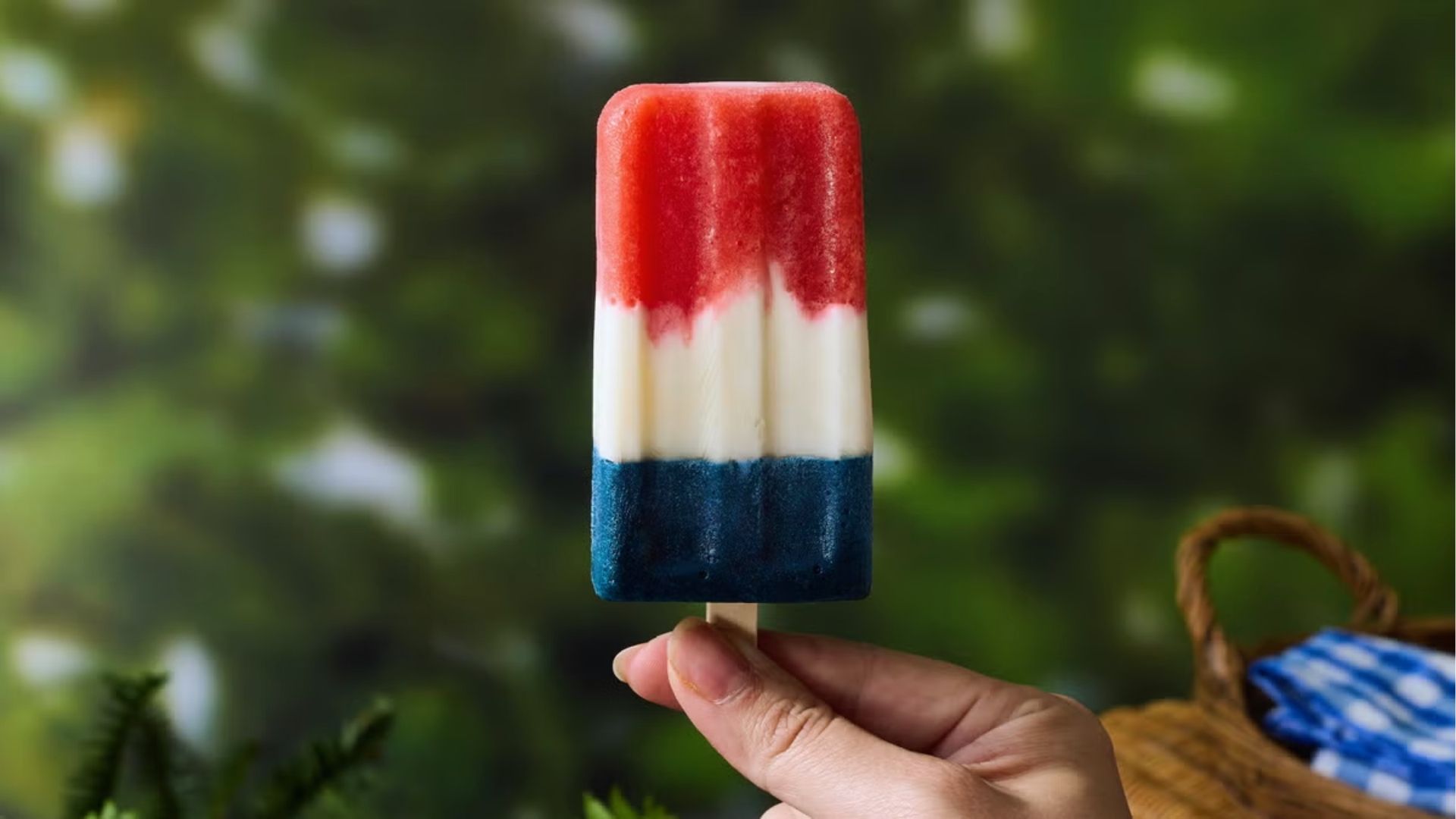 Hand holds a red, white, and blue layered popsicle outdoors with green trees in the background.