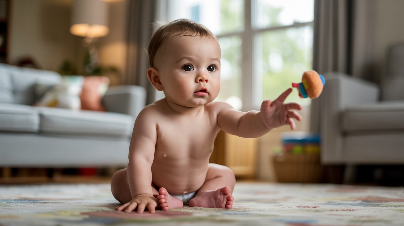 Baby reaching toward a toy while sitting on living room floor in soft natural light showing early vision and depth perception development