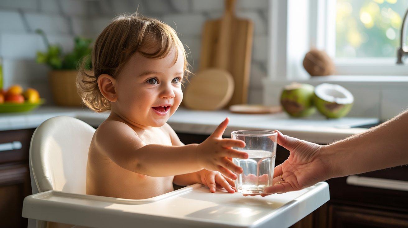 Toddler safely drinking a small amount of coconut water while sitting in a high chair.