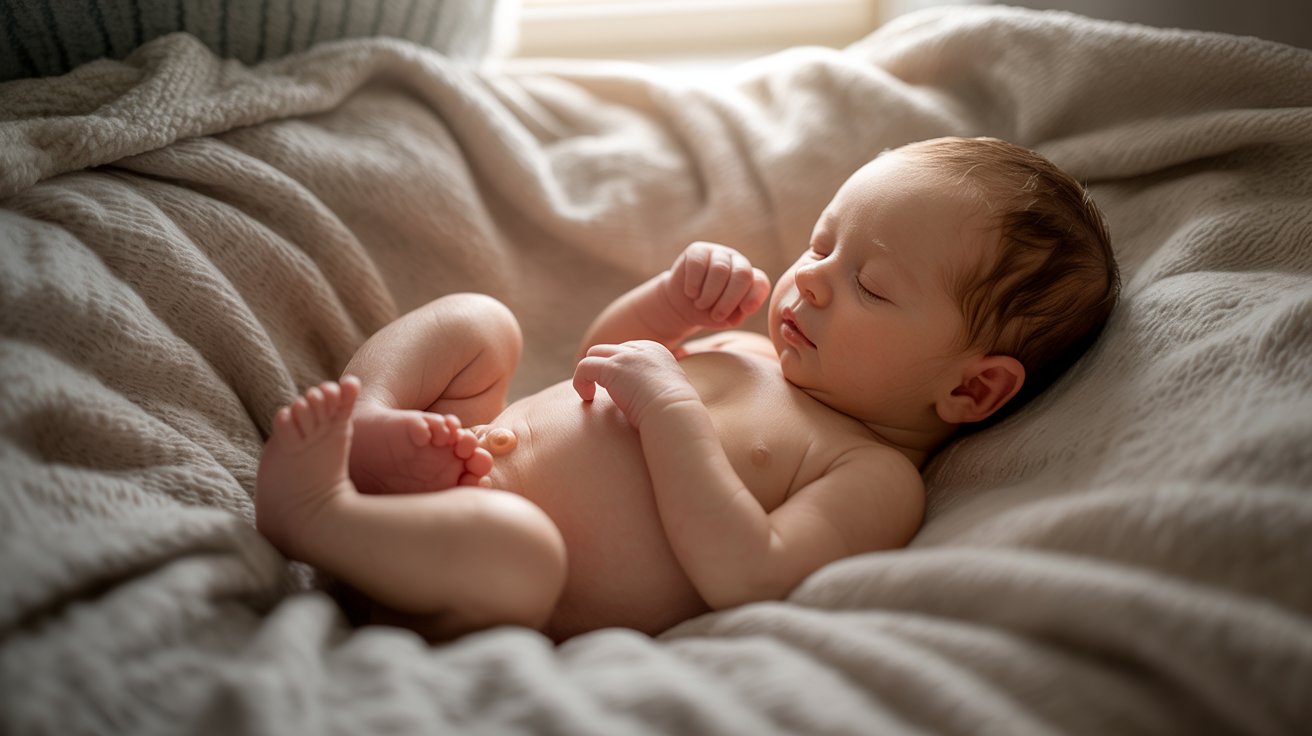 Newborn sleeping in a womb-like arms-up position
