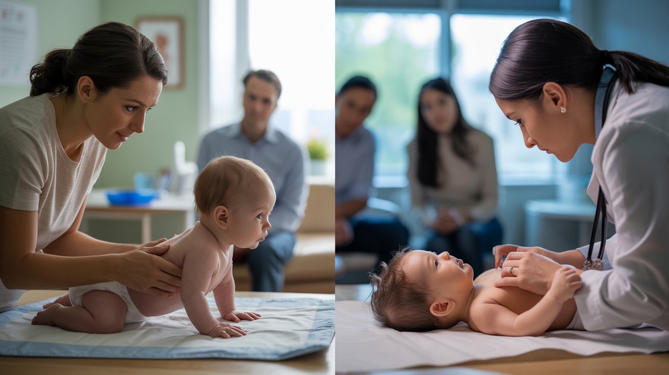 Side-by-side pediatric exam showing flat head syndrome versus craniosynostosis comparison in calm clinic setting