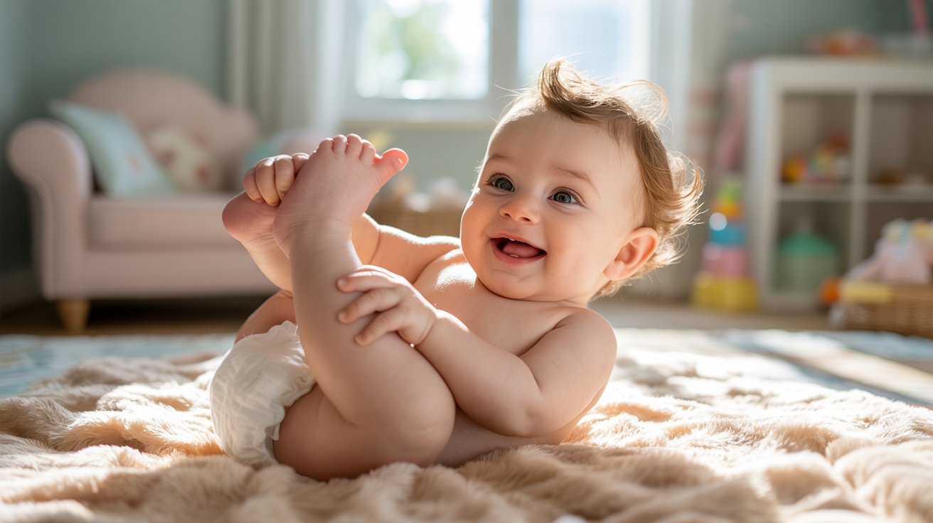 Baby lying on blanket happily grabbing feet in cozy nursery with soft natural daylight indoors
