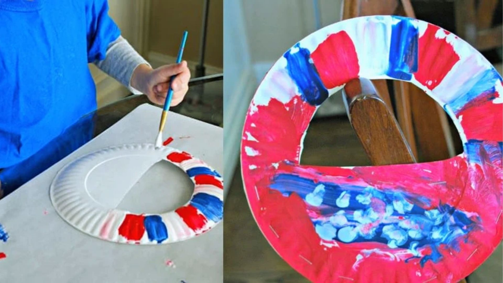 Toddler in a blue shirt paints a paper plate wreath with red and blue brushstrokes for Independence Day.